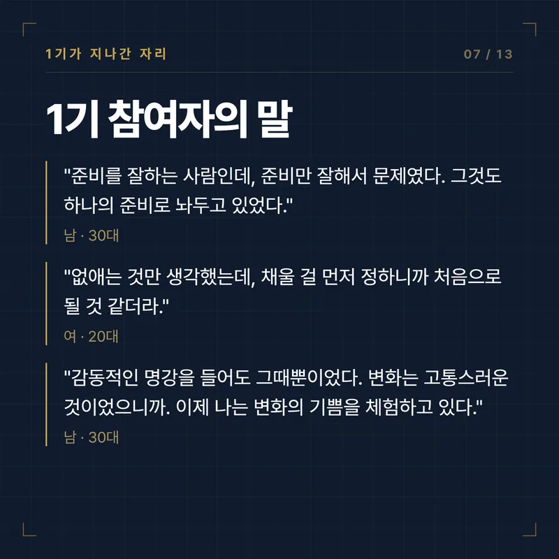 1기 참여자의 말 · 준비만 잘해서 문제였다, 채울 걸 먼저 정하니 될 것 같더라.